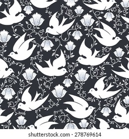 vector seamless cute graphical stylized birds with flowers and leaves print