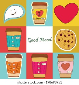 Vector seamless cute hand drawn coffee cup set. Set of coffee cup. Cute coffee. Vector set of coffee cups.