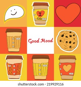 Vector seamless cute hand drawn coffee cup set. Set of coffee cup. Cute coffee. Vector set of coffee cups.