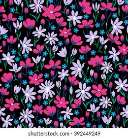 vector seamless cute hand drawn ditsy flower pattern, spring summer time, colorful vibrant floral  allover print on black background