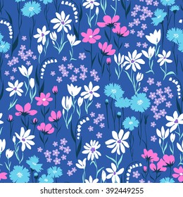 vector seamless cute hand drawn ditsy flower pattern, spring summer time, vibrant floral  allover print on blue background