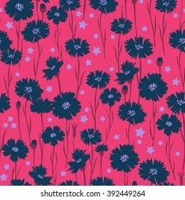 vector seamless cute hand drawn ditsy flower pattern, spring summer time, vibrant floral  allover print on pink background