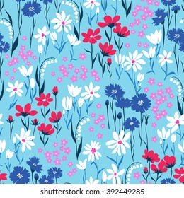 vector seamless cute hand drawn ditsy flower pattern, spring summer time, vibrant floral  allover print on light blue background