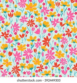 vector seamless cute hand drawn ditsy flower pattern, spring summer time, vibrant floral  allover print on turquoise background
