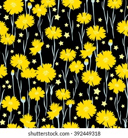 vector seamless cute hand drawn ditsy flower pattern, spring summer time, vibrant floral  allover print on black background