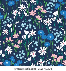 vector seamless cute hand drawn ditsy flower pattern, spring summer time, vibrant floral  allover print on dark blue background