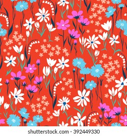 vector seamless cute hand drawn ditsy flower pattern, spring summer time, vibrant floral  allover print on orange background