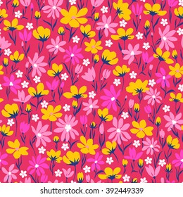 vector seamless cute hand drawn ditsy flower pattern, spring summer time, vibrant floral  allover print on pink background