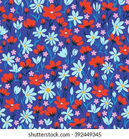 vector seamless cute hand drawn ditsy flower pattern, spring summer time, colorful vibrant floral  allover print ob blue background