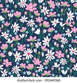 vector seamless cute hand drawn ditsy flower pattern, spring summer time, vibrant gentle floral  allover print on dark blue background