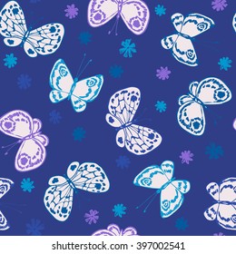 vector seamless cute hand drawn naive butterfly pattern with stylized flowers, colorful romantic background allover print