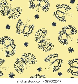 vector seamless cute hand drawn naive butterfly pattern with stylized flowers, colorful romantic background allover print