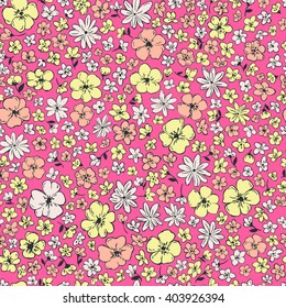 vector seamless cute hand drawn naive little ditsy pattern, gentle summer time colorful romantic floral background allover print