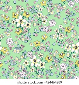 vector seamless cute hand drawn gentle flower garden pattern, little romantic summer fantasy ditsy background allover print 