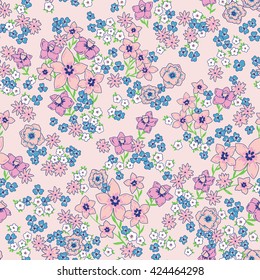vector seamless cute hand drawn gentle flower garden pattern, little romantic summer fantasy ditsy background allover print 
