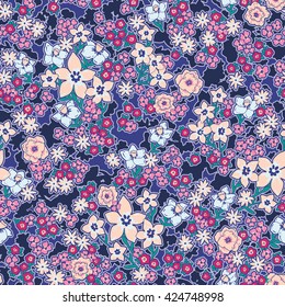 vector seamless cute hand drawn multicolor gentle flower garden pattern, little romantic summer fantasy ditsy with outline background allover print 