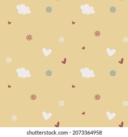 Vector seamless cute kids pattern with hearts, clouds in Scandinavian style for fabrics, paper, textile, gift wrap isolated on yellow background 