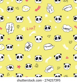 vector seamless cute minimalistic black and white panda print with words