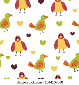 vector seamless cute pattern with birds and hearts on white background. can be used as background, wallpaper, packaging paper design, clothing, textiles, notebooks and other things.