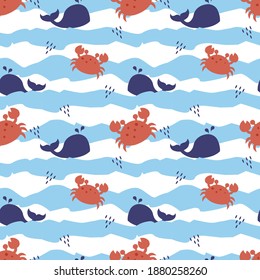 Vector seamless cute pattern for boys with fishes, crab, 
waves, whale, on white background in Scandinavian style for fabrics, paper