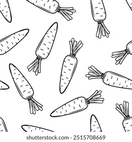 Vector Seamless Cute Pattern of Cartoon Outlined Black and White Flat Carrots on White Background. Fresh Carrot Print for Healthy Eating, Organic Food, Kids Nutrition, Playful Design Template