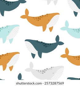 Vector seamless cute pattern with cartoon whales on white background. Marine print. Creative kids texture for fabric, wrapping, textile, wallpaper. Under the sea. Ocean. Nursery. 