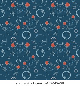 Vector seamless cute pattern with  crab, whale on blue background in Scandinavian style for fabrics, paper