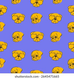 Vetor padrão bonito sem emenda com cães. Pugs Dog de óculos. Bom para lojas de animais, tudo relacionado a animais e ao mundo animal