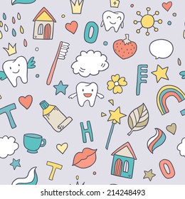 Vector seamless cute pattern with fairy magic teeth, toothpaste, houses and baby elements 