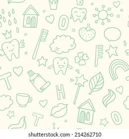 Vector seamless cute pattern with fairy magic teeth, toothpaste, houses and baby elements 