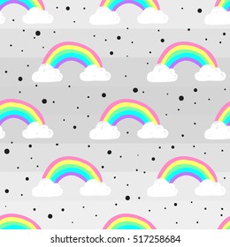 Vector seamless cute pattern with hand drawn rainbows and clouds on gray background.