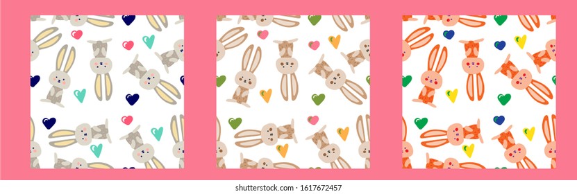 Vector seamless cute pattern with a hare, a rabbit and hearts. Illustration for packaging, cards, textiles, print. Funny cute pictures. Doodle drawn by hand. Pattern for children.