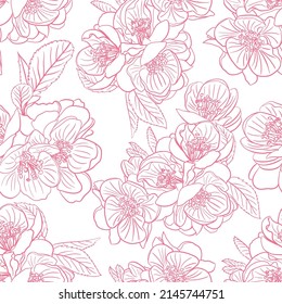 Vector seamless cute pattern of Japanese quince flowers. Silhouettes of pink flowers on a white background. A gentle spring illustration. Hand-drawn in sketch style. Pattern for fashionable prints