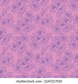 Vector seamless cute pattern of Japanese quince flowers. Silhouettes of purple flowers on a lilac background. A gentle spring illustration. Hand-drawn in sketch style. Pattern for fashionable prints