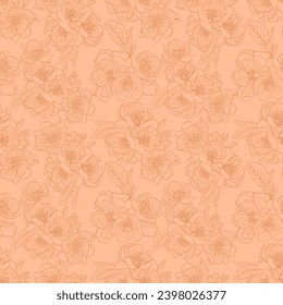 Vector seamless cute pattern of Japanese quince flowers. Silhouettes of flowers against the background of the color of 2024 peach down. A gentle illustration. It is hand-drawn in the style of a sketch