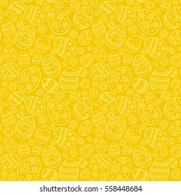 Vector seamless cute pattern with ornamental eggs. Easter holiday yellow background for website, printing on fabric, gift wrap and wallpapers