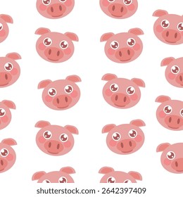 Vector seamless cute pattern with pigs. Animal pattern. Vector art. Illustration. Cartoon kids style. Doodle. A pig's head. Avatar Suitable for prints, textures, backgrounds, fabric