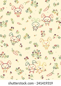Vector seamless cute pattern, rabbits and flora.