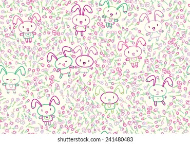 Vector seamless cute pattern, rabbits and flora.