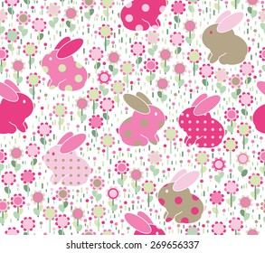 Vector seamless cute  pattern, rabbits in flowers,  pink and green colors, isolated on white.