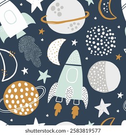 Vector seamless cute pattern with rockets, planets, stars on blue background. Space. Saturn, moon. Creative kids texture for fabric, wrapping, textile, wallpaper. Nursery. Scandinavian style.