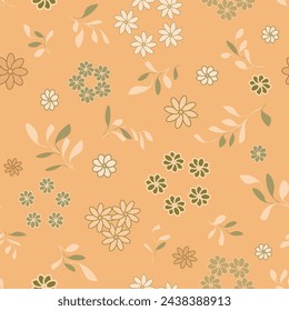 Vector, seamless, cute pattern of stylized small flowers and leaves on a peach color background. Boho style, floral, warm colors vector illustration for textiles, wrap paper, custom projects