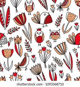 Vector seamless cute pattern with tulips and birds