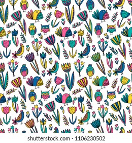 Vector seamless cute pattern with tulips and birds