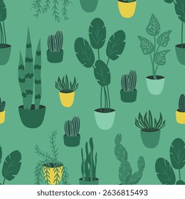 vector seamless cute pattern with a variety of house plants in pots. trend illustration in flat style