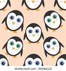 Vector seamless cute penguin pattern. Winter pink background with decorative flat penguin illustrations