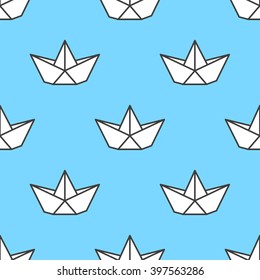 Vector seamless cute sea background. Paper origami boat pattern for the fabric