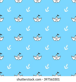 Vector seamless cute sea background. Paper origami boat and anchor pattern for the fabric