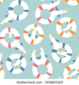 Vector Seamless Cute Seagull and Buoy Cartoon Pattern in Pastel Colors.