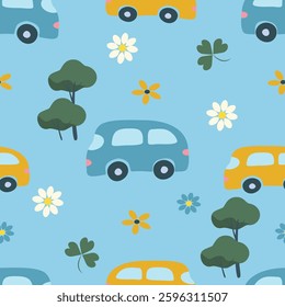 vector seamless cute summer pattern with flowers and cars